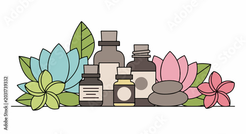 Assorted bottles and blooming flowers arranged with smooth stones