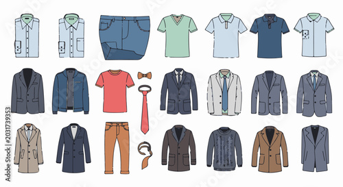 Assorted collection of men's outerwear, shirts, pants, and accessories