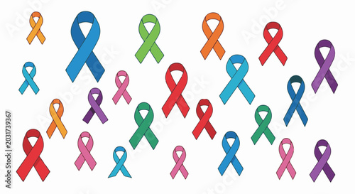 Assorted colorful awareness ribbons scattered on a white background