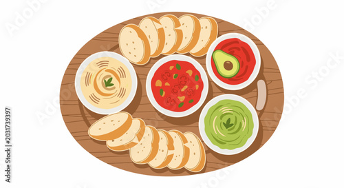 Assorted dips and sliced bread arranged on a wooden platter