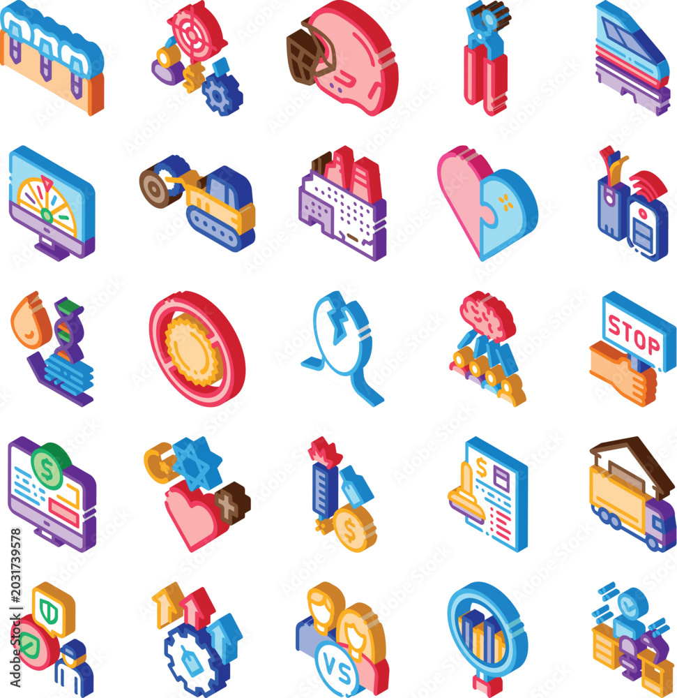 Fototapeta premium Collection of isometric icons representing various essential concepts for business strategy, finance management, technology innovation, and health solutions on a white background