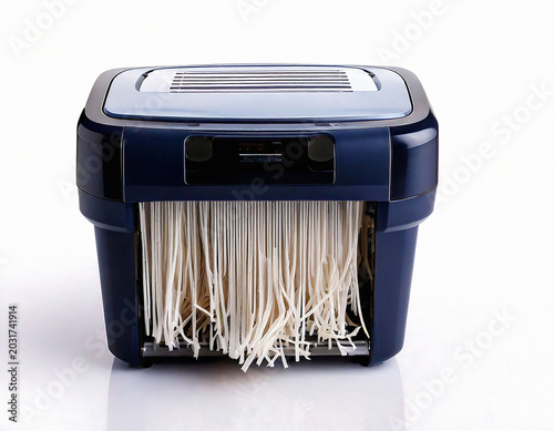 This sleek blue paper shredder symbolizes data security and privacy. Shredded strips of white paper represent information protection, making it perfect for office and financial concepts.