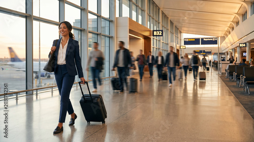 Businesswoman with rolling suitcase walking through airport terminal, passengers with luggage in background, modern architecture with natural light from large windows