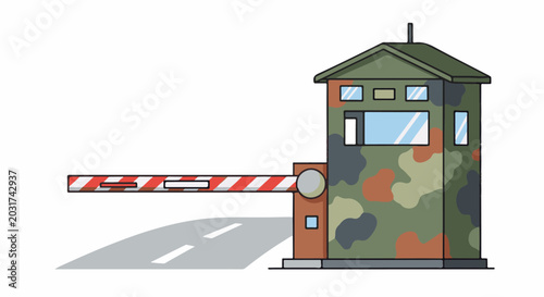 Camouflaged guardhouse with a red and white striped barrier arm