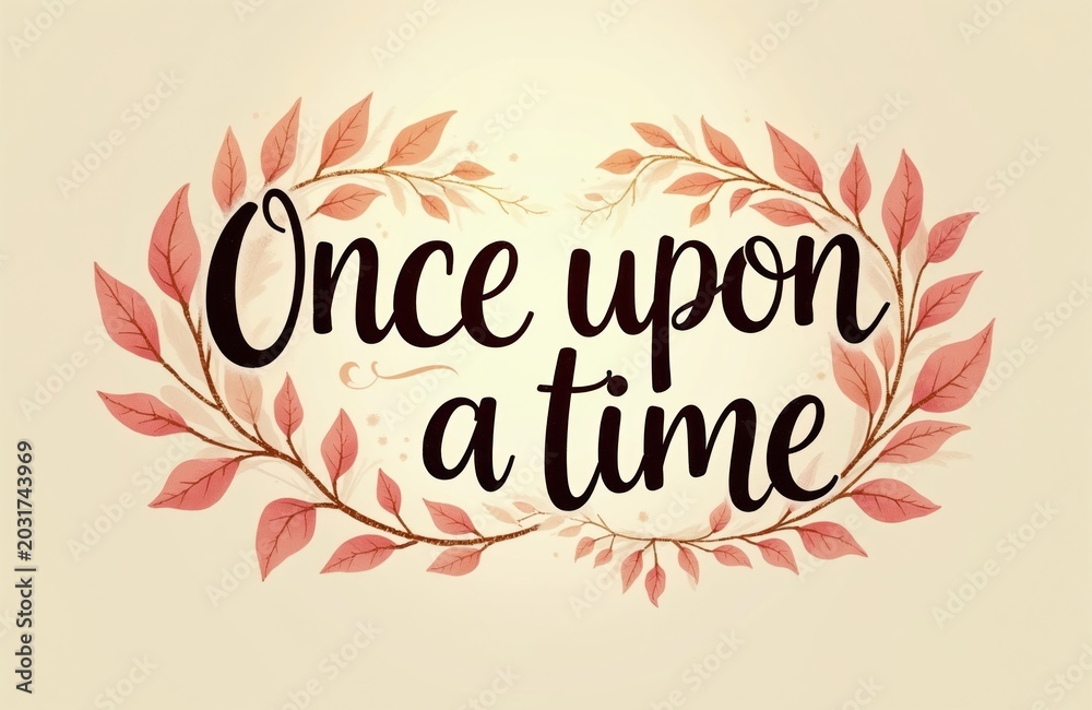 Obraz premium Fairytale text Once upon a time written in elegant script. Floral branches with pink leaves frame the text. Soft pastel background suggests vintage storybook art.