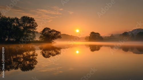 Sunrise over a calm lake, mist reflection