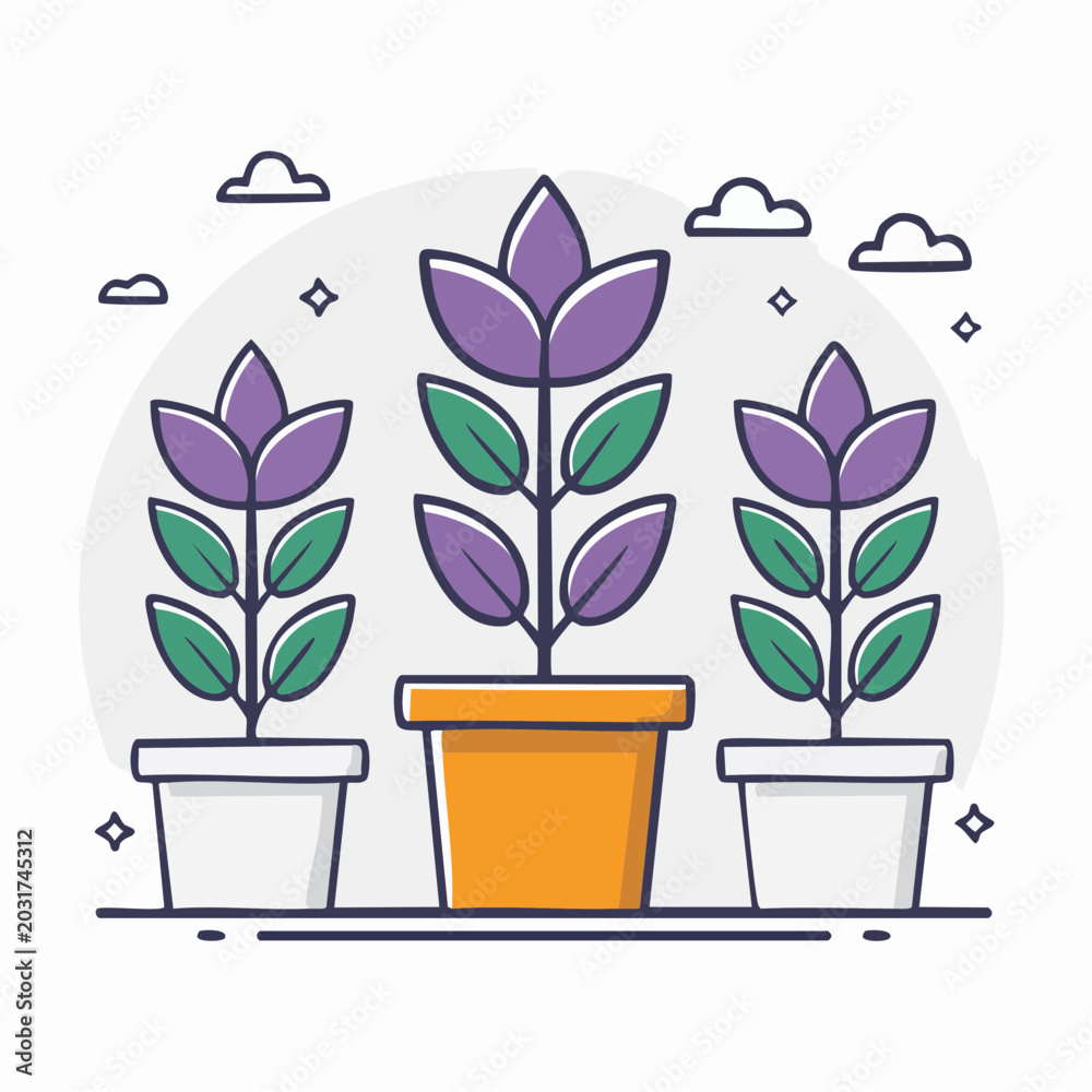 Fototapeta premium Potted Plants with Purple Flowers and Green Leaves