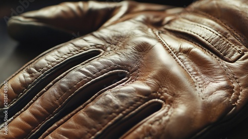 Close-up of a vintage brown leather glove, detailed texture and stitching