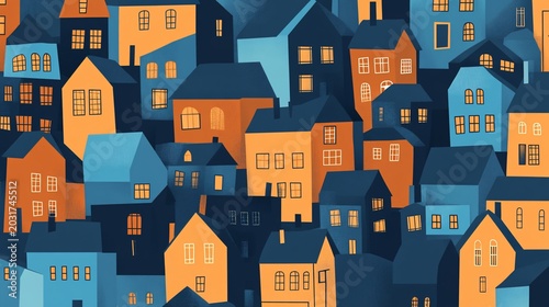 Cozy Neighborhood at Dusk: Colorful Houses with Glowing Windows