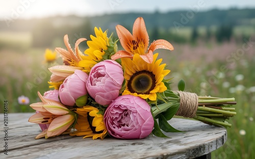 Summer flower bouquet with sunflowers lilies and peonies on wood