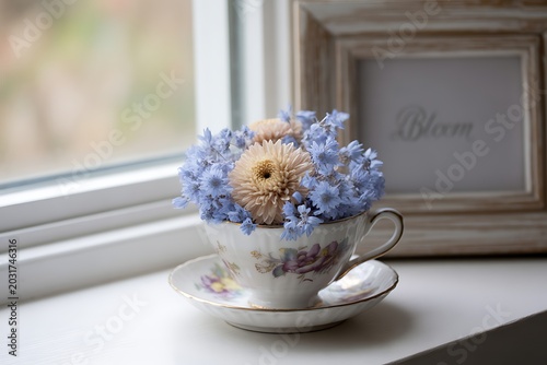 Vintage teacup floral arrangement on windowsill