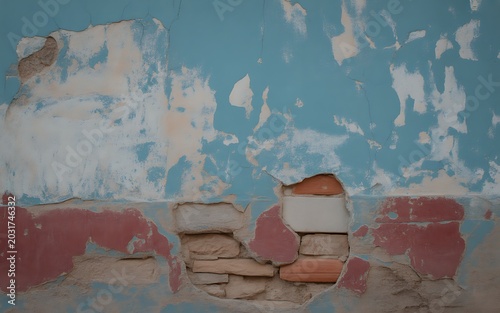Distressed painted wall with brick detail and peeling texture