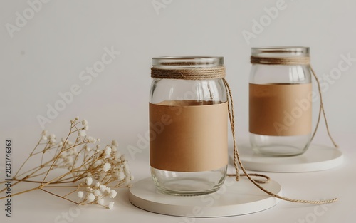 Blank glass jars with twine and brown labels on white pedestals