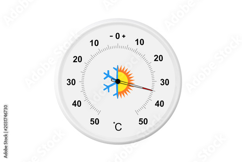 Circular celsius scale thermometer on a white background. Ambient temperature plus 35 degrees celsius
