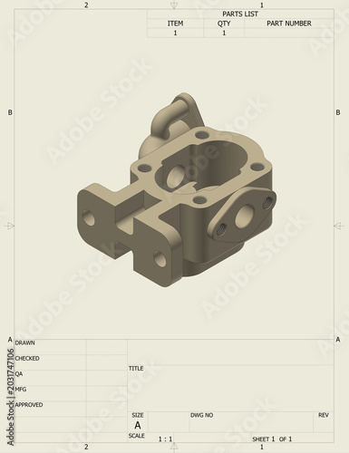 Isometric Technical Drawing Sheet with 3D CAD Render of Machined Component