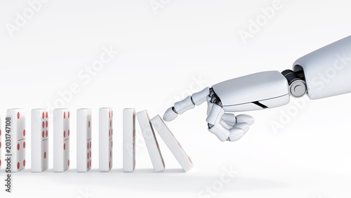 Tableau sur toile A 3D rendering of a white robotic hand using its index finger to topple the first piece in a long, neat row of white dominoes, triggering a chain reaction
