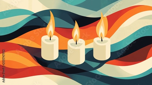 Three lit candles on a colorful wavy background, symbolizing hope, remembrance, and spirituality.