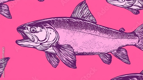 Vibrant Pink Seamless Pattern with Stylized Purple Fish Illustration