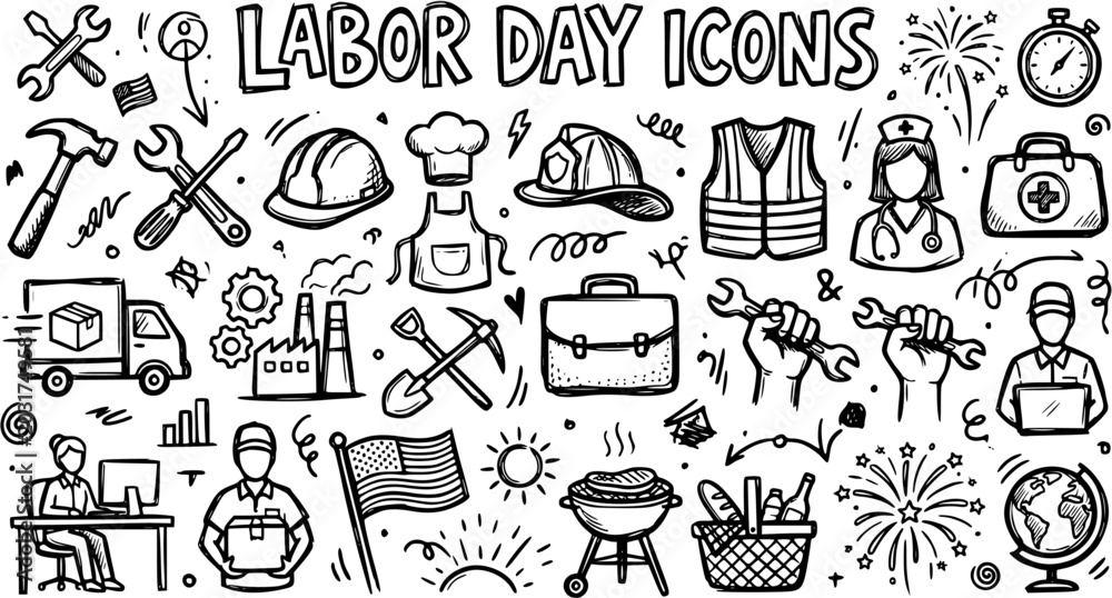 Fototapeta premium Hand-drawn Black and White Line Art Labor Day Icons Set. Doodle collection of various work professions, tools, and celebration elements.