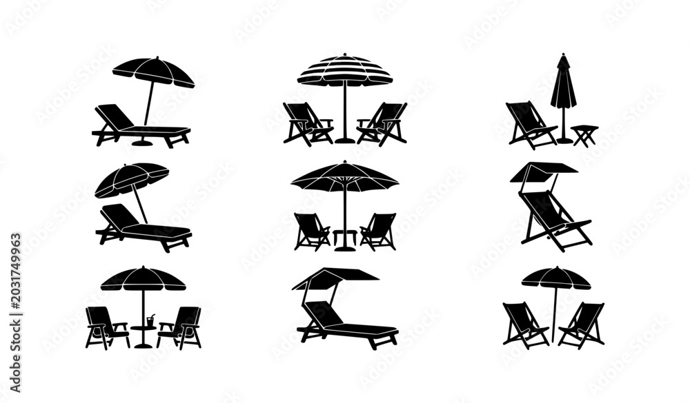 Obraz premium Beach chair and umbrella silhouette set vector illustration summer vacation icons