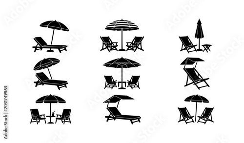 Bild auf Leinwand Beach chair and umbrella silhouette set vector illustration summer vacation icon