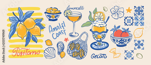 Amalfi lemons set of elements for decoration, coastal, summertime, blueprint, circuit, prints, creative  food vector illustration