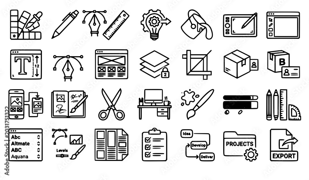 Fototapeta premium Minimal Graphic Design Outline Icons with Creative Process and Software Vector Symbols