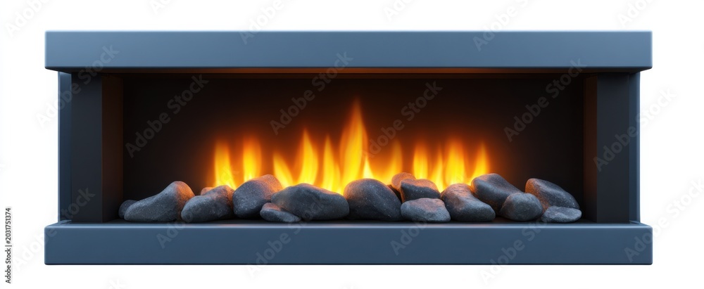 Fototapeta premium Blue modern electric fireplace with stones offers contemporary warmth for home decor.
