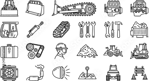 Foto Construction Industry Heavy Machinery, Equipment, and Tools Vector Line Art Icons Set
