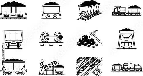 Foto Coal Mining and Transportation Line Art Icons
