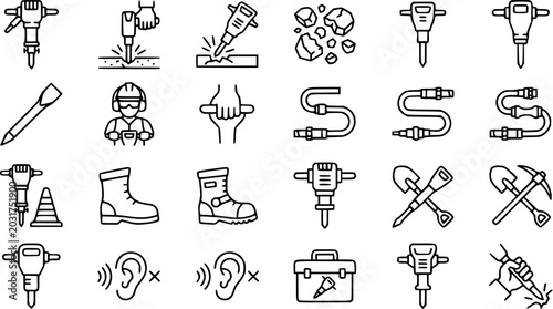 Bild auf Leinwand Construction Tools Icon Set: Jackhammers, Safety Boots, Shovels, Pickaxe, Tool B