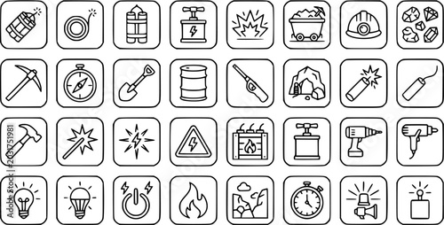 Photos Mining Industry Black and White Line Art Icons Set