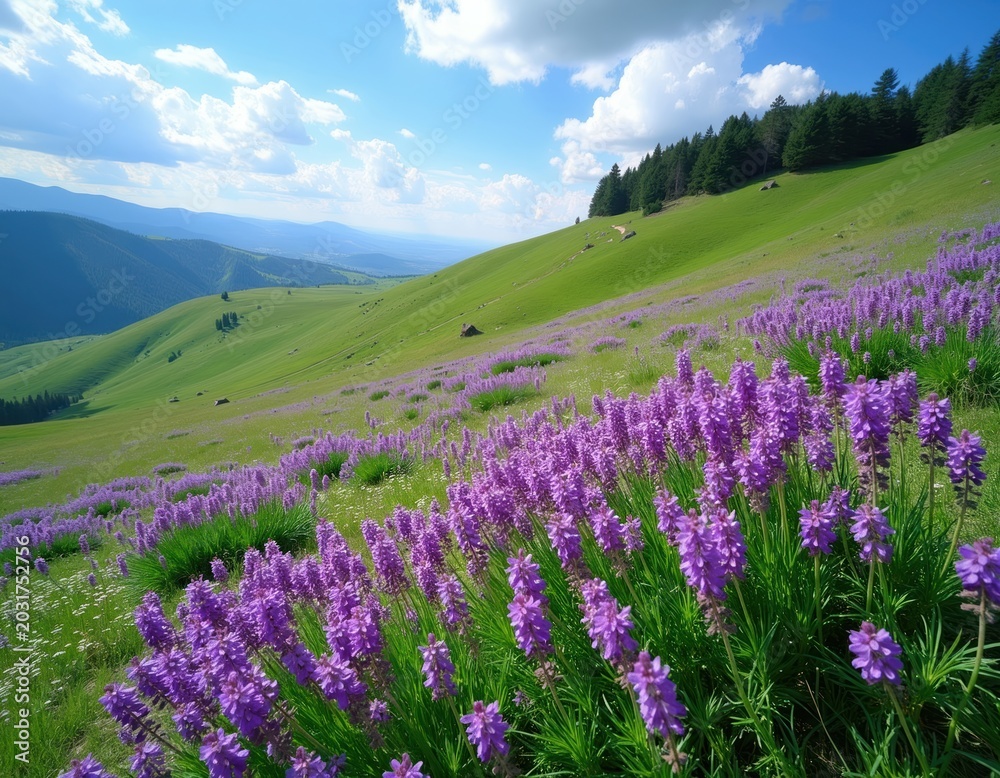 Obraz premium Purple wildflowers blanket green mountain slopes. Blue sky with white clouds above rolling hills and distant trees. Serene natural landscape.