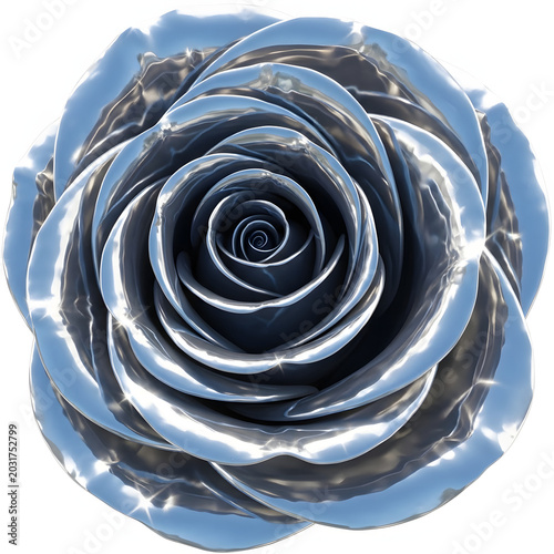 Metallic rose flower made of polished chrome with intricate petals shown in a top view shot