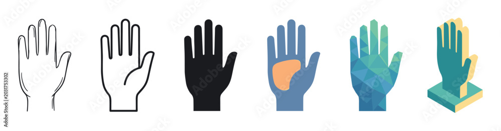 Obraz premium Human hand palm gesture icons in various styles including outline, solid, flat, low poly, and isometric vector illustration
