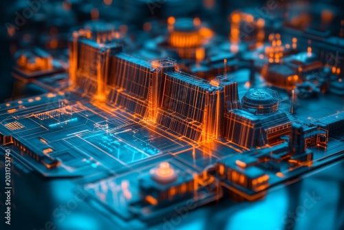 analyzing digital The dam model, futuristic hologram technology concept