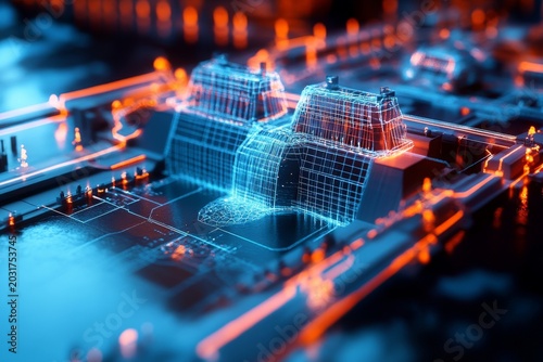 analyzing digital The dam model, futuristic hologram technology concept 