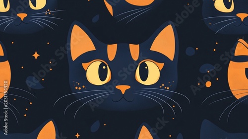 Mystical Black Cat Halloween Pattern with Orange Accents, Stars, and Celestial Elements
