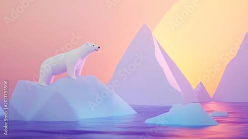 Polar Bear on Iceberg in Arctic Ocean, Surreal Sunset Sky, Environmental Concept