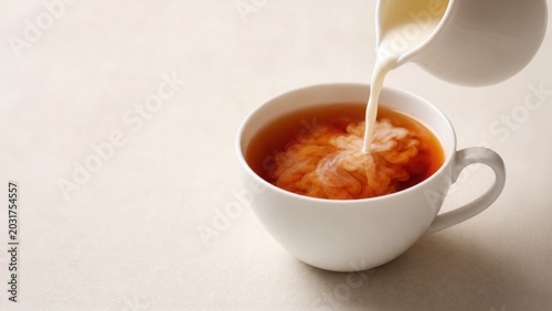 Creamy milk is poured from a white pitcher into a cup of hot tea, creating a beautiful swirl on a light, minimalist background.