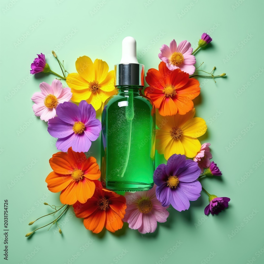 Fototapeta premium Green serum bottle with dropper rests among vibrant cosmos flowers. Natural beauty product surrounded by colorful petals, fresh botanical arrangement for skincare.