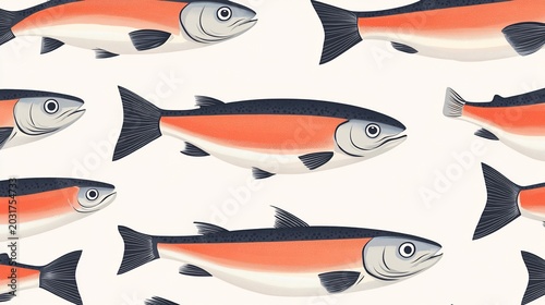 Seamless Pattern of Salmon Fish Swimming, Aquatic Life, Seafood Illustration