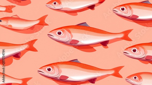 Seamless pattern of stylized red fish on a pink background, minimalist illustration, food concept