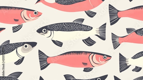 Seamless Pattern of Stylized Fish, Pink and Blue, Vector Illustration