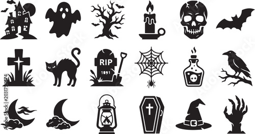Konstfotografi Halloween Cemetery and Haunted House Silhouette Icon Vector Illustration Set