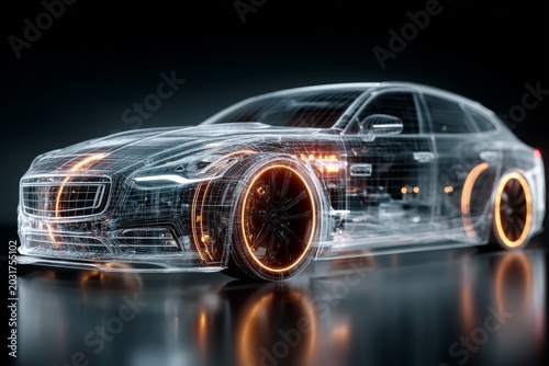 Futuristic transparent car showcasing intricate design elements, glowing wheels, positioned on sleek surface, highlighting advanced automotive technology and innovation in modern vehicle engineering