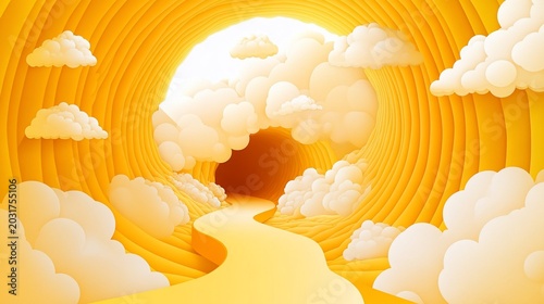 Surreal yellow tunnel with clouds and a winding path leading to bright light, dreamlike atmosphere