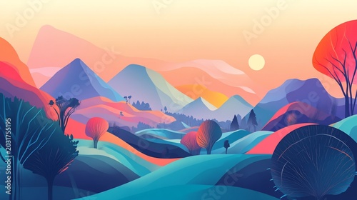 Vibrant Abstract Landscape with Rolling Hills, Mountains, and Trees at Sunset