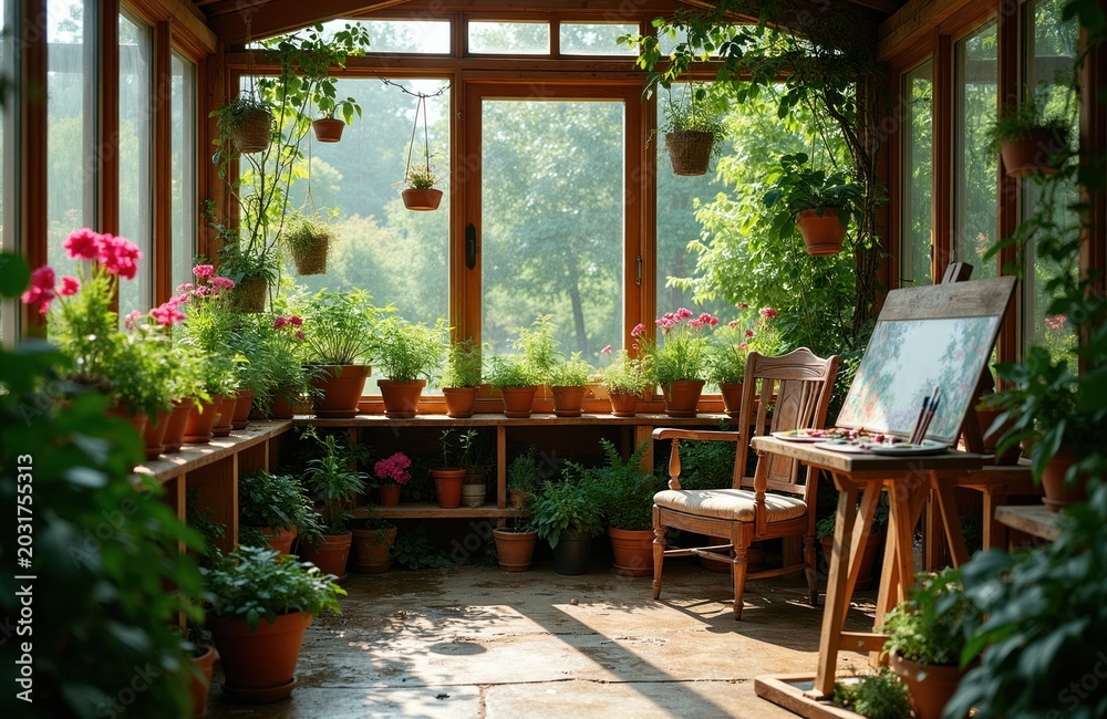 Fototapeta premium Wooden greenhouse interior filled with potted plants and flowers. An easel with paints and brushes suggests an artist hobby. Sunlight streams through glass windows.