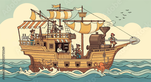 Bild auf Leinwand Cartoon sailing vessel with crew and coffee machine on the sea